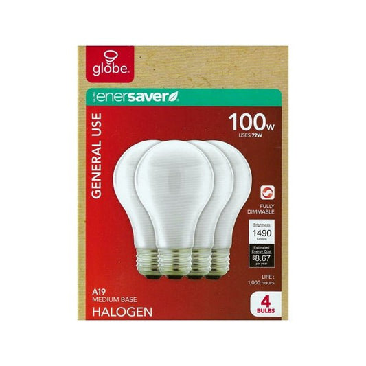 Globe 100W Dimmable A19 Halogen Light Bulbs - 1490 Lumens (4 Pack) - $5 Outlet