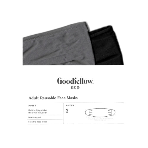 Goodfellow Adult Fabric Face Masks with Ear Loops & Filter Pocket Gray/Black - S/M (2 Pack) Stylish Pleated Design - DollarFanatic.com