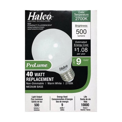 Halco ProLume 9W Decorative Globe G25 CFL Bulb - Warm White (1 Count) 40W Replacement - DollarFanatic.com