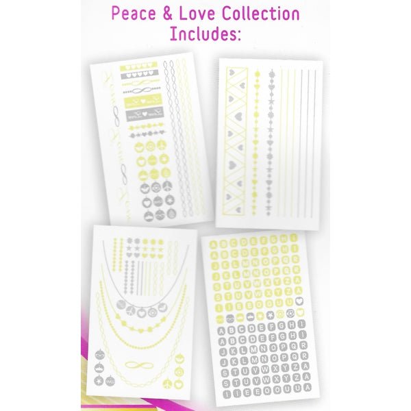 Hot Jewels Shimmer Metallic Jewelry Temporary Tattoos - Peace & Love (4 Sheets) As Seen On TV - DollarFanatic.com