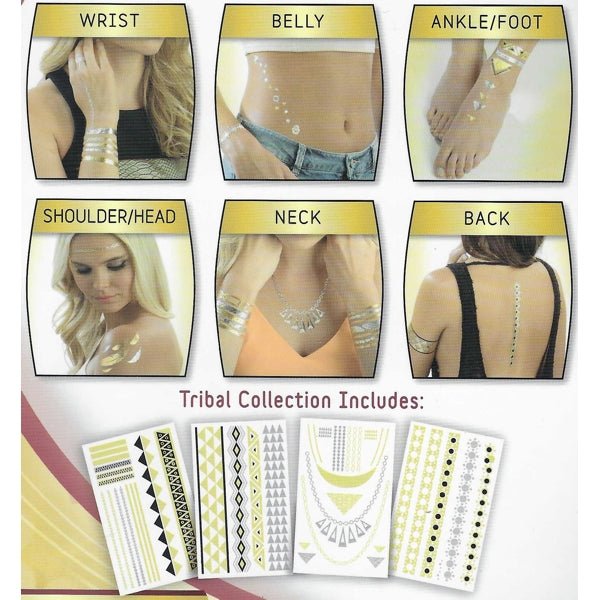 Hot Jewels Shimmer Metallic Jewelry Temporary Tattoos - Tribal (4 Sheets) As Seen On TV - DollarFanatic.com