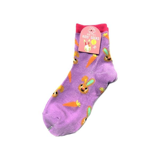 Kids Colorful Socks - Lavender with Carrots & Bunny (One Pair) Select Size - DollarFanatic.com