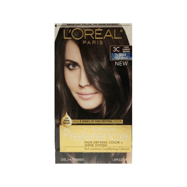 L'Oreal Superior Preference Fade-Defying Color + Shine System Hair Color Permanent (3C Cool Darkest Brown) - $5 Outlet
