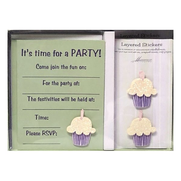 Masterpiece Party Invitations with Envelopes and 3D Layered Glitter Stickers - Cupcake (10 Invite Cards, 10 Envelopes, 10 Cupcake Stickers) - DollarFanatic.com