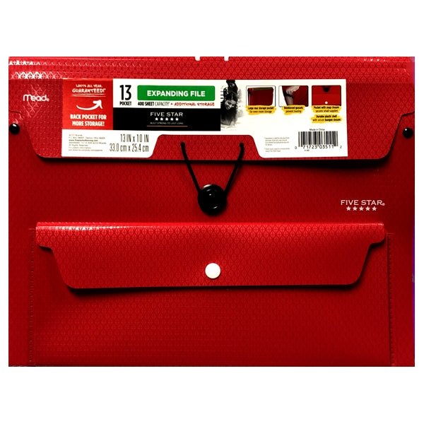 Mead Five Star 13-Pocket Poly Expanding File Organizer with Front & Rear Storage Pockets - Red (13" x 10" x 1.5") 400 Sheet Capacity - DollarFanatic.com