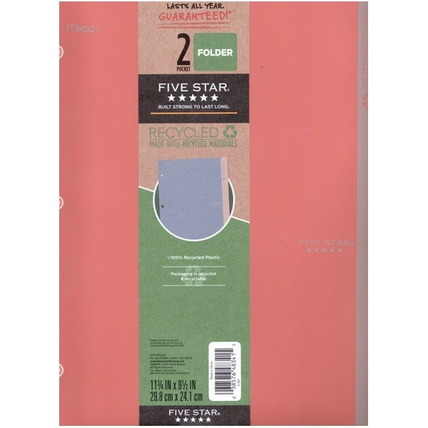 Mead Five Star Recycled 2-Pocket Plastic Portfolio Folder - Coral (9.5" x 11.75") Compatible with 3-Ring Binder - DollarFanatic.com