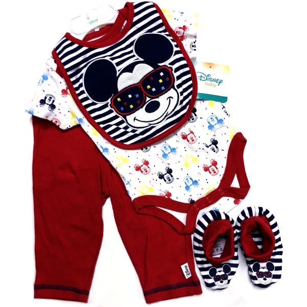 Mickey Mouse Baby Outfit Set - Pompei Red (4-Piece Set) Bib, Bodysuit, Pants, Booties - $5 Outlet