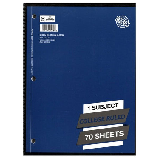 Norcom Basic 1-Subject College Ruled 8" x 10.5" Spiral Notebook (70 Sheets) Micro-Perforated for Clean Tear-Outs - $5 Outlet