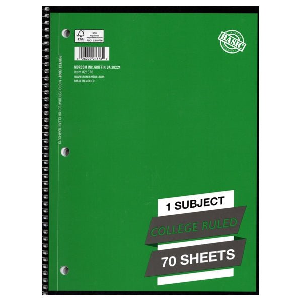 Norcom Basic 1-Subject College Ruled 8" x 10.5" Spiral Notebook (70 Sheets) Micro-Perforated for Clean Tear-Outs - $5 Outlet