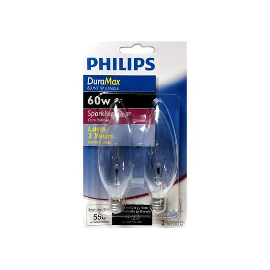 Philips 60W DuraMax Blunt Tip Candelabra Light Bulbs - Sparkling Clear (2 Pack) B10.5 Bulbs Candelabra Base - DollarFanatic.com