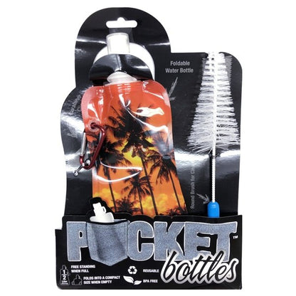 Pocket Bottles Water Bottle with Carabiner Clip & Cleaning Brush - Tropical Palm Trees (16.9 fl. oz.) Foldable, Reusable, BPA Free - DollarFanatic.com