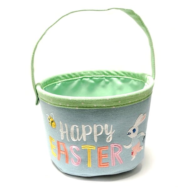 Spritz Happy Easter Canvas Fabric Basket with Handle - Blue/Green (10" Round) Flexible, Reinforced Rim - DollarFanatic.com