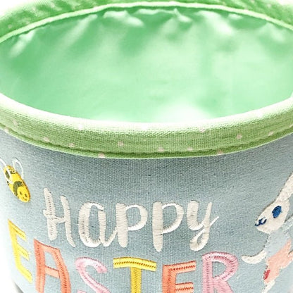Spritz Happy Easter Canvas Fabric Basket with Handle - Blue/Green (10" Round) Flexible, Reinforced Rim - DollarFanatic.com