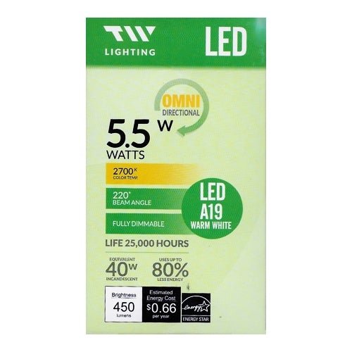 TW Lighting 5.5 Watt LED Fully Dimmable A19 Light Bulb - Warm White (1 Pack) 40W Equiv. - DollarFanatic.com
