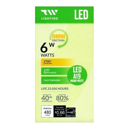 TW Lighting 6 Watt LED Fully Dimmable A19 Light Bulb - Warm White (1 Pack) 40W Equiv. - DollarFanatic.com